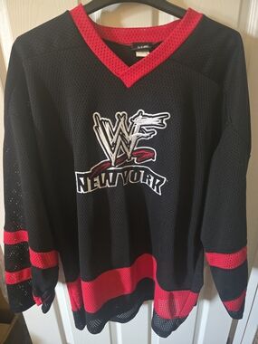 WWF *VINTAGE* 1999 New York Mesh Hockey Jersey - Black & Red
